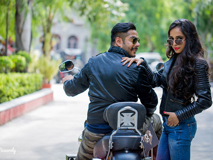 Couple's pre-wedding photos at the bike in Udaipur